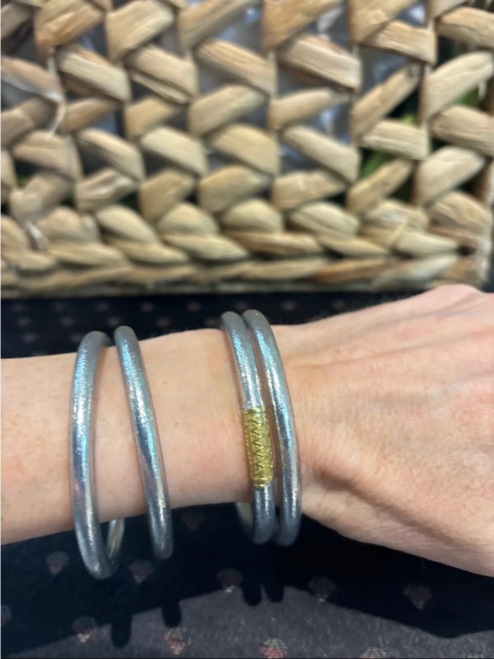 Silver-Tone Stackable Bangles with Gold Accent — Women’s Bracelet Set - Picture 4 of 5
